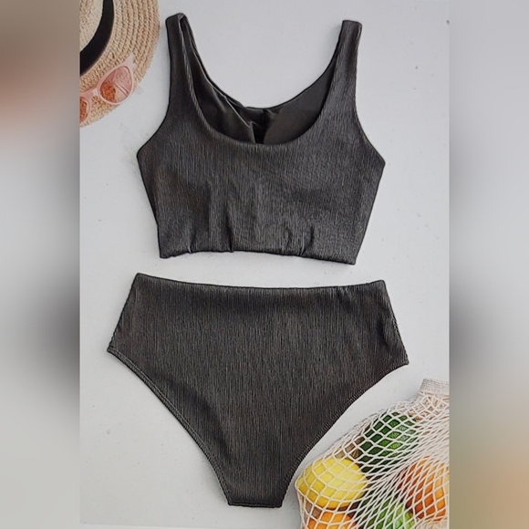 NWT RIBBED KNOT DETAIL  CROP TANK HIGH WAISTED PADDED SWIM BATHING SUIT SIZE 6 - Picture 3 of 8